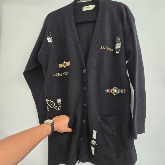 Magnolia Womens Wool Angora Cardigan Sweater M Black Embroidered ArtToWear Money - Picture 14 of 16